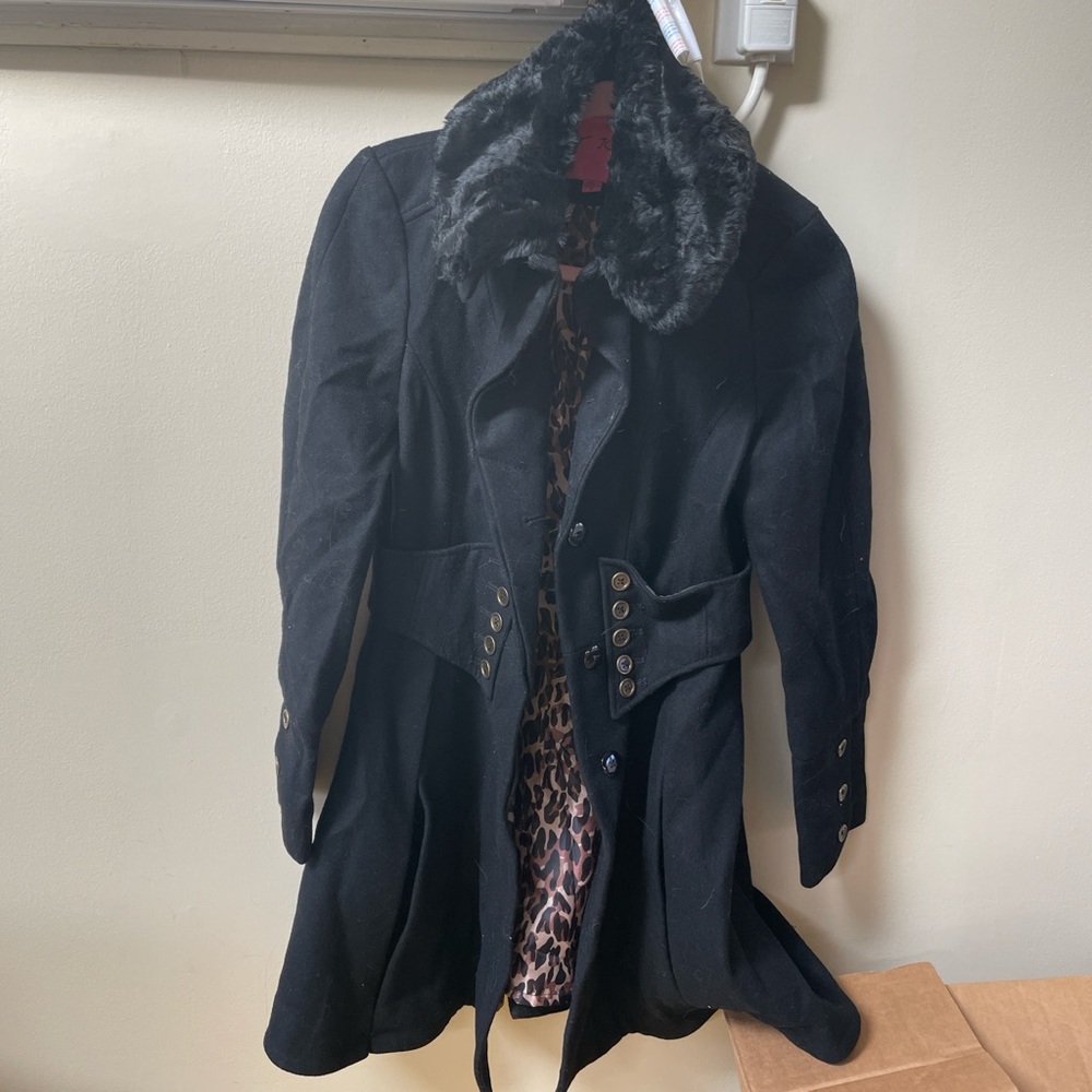 Black Trench Coat Wool Blend Fur Collar